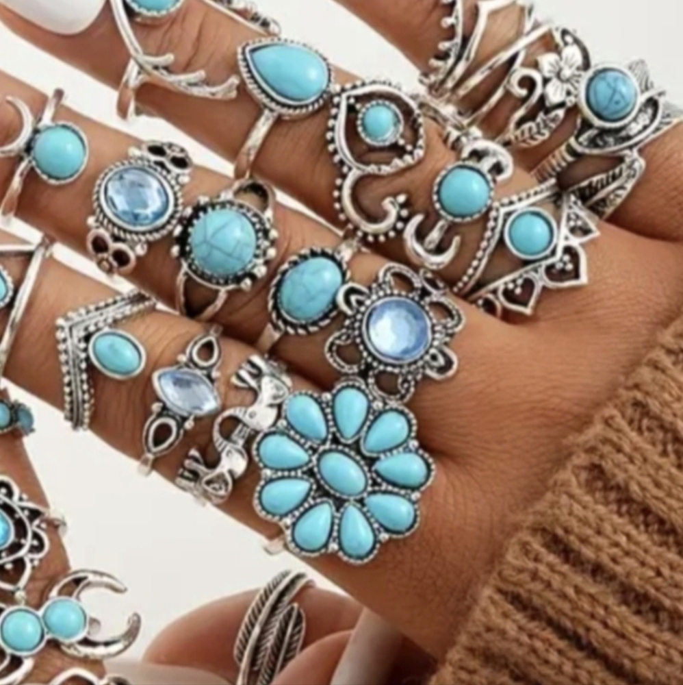 20 Boho Rings Blue Silvery Western Bohemian Style Silver Tone Rodeo Jewelry - Picture 5 of 5